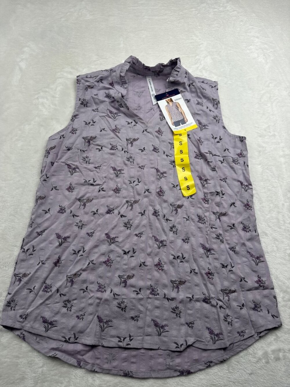 Modern Ambition Womens S Lavender Floral Ruffle Collar Sleeveless EcoVero Top
